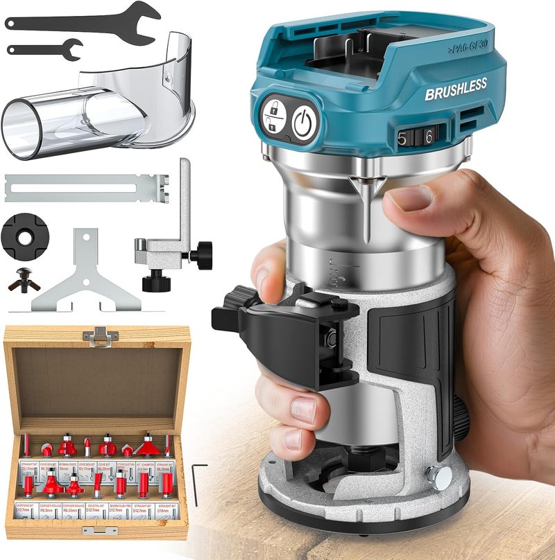 MtiolHig Cordless Compact Router Compatible with Makita 18V Battery, With 15Pcs Router Bits 6 Variable Speeds for Woodworking, 800W 30000 RPM Fixed Base Wood Router With Trim Bits - Image 1